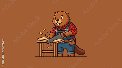 Beaver Carpenter Sawing Wood Plank on Workbench.