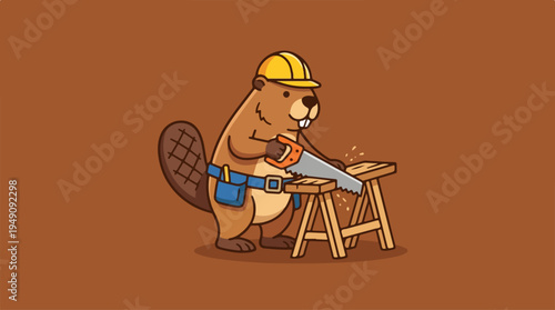 Beaver Carpenter Sawing Wood with Hard Hat and Tool Belt.