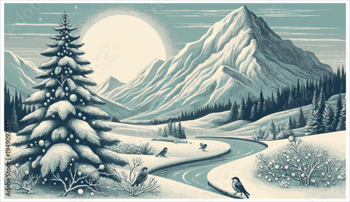 A Serene Winter Landscape Illustration Featuring a Snow-Covered Christmas Tree, Majestic Mountains, a Winding River, and Several Birds Amidst a Cold, Frosty Atmosphere with a Bright Sun.