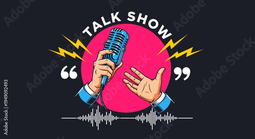 Talk show microphone illustration with hands.
