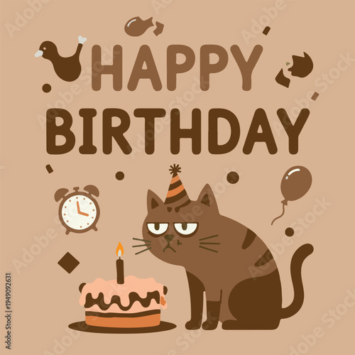 Grumpy cat birthday illustration with cake and party hat