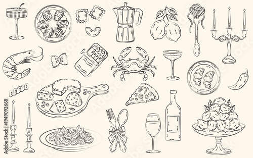 Italian mediterranean food set in hand drawn whimsical style. La Dolce Vita. Amalfi coast.