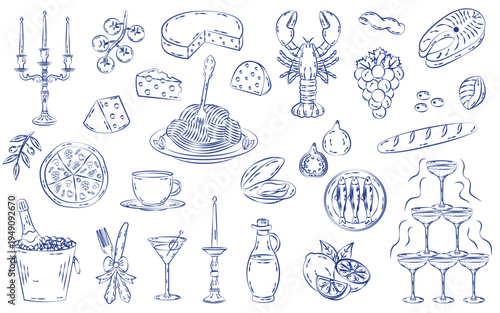 Italian mediterranean food set in hand drawn whimsical style. La Dolce Vita. Amalfi coast.