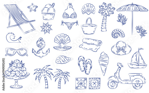 Italian mediterranean summer set in hand drawn whimsical style. La Dolce Vita. Amalfi coast.