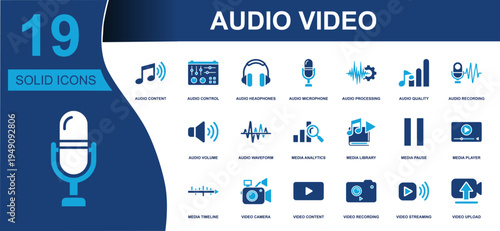 Audio video icon set. Containing microphone, headphones, waveform, player, camera, streaming, upload, analytics, library, recording, playback, media and more. Solid fill vector icons