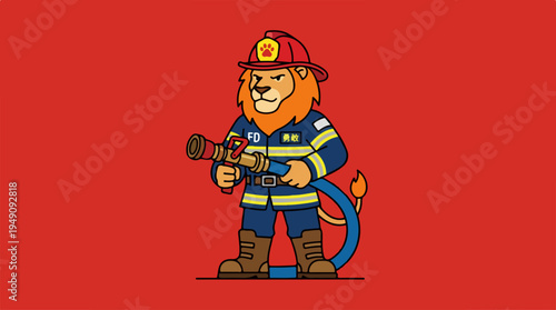 Brave cartoon lion firefighter holding a water hose.