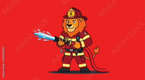 Brave Lion Firefighter Extinguishing Fire with Water Hose.