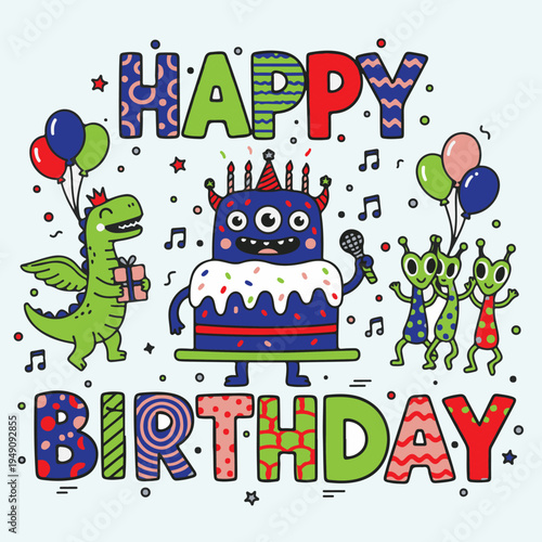 Cute cartoon birthday illustration with monster dinosaur and aliens