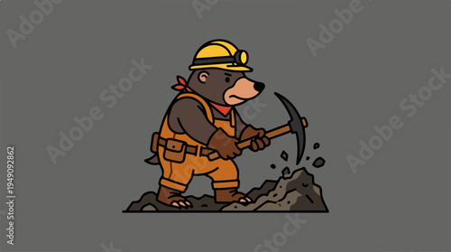 Cartoon Bear Miner Digging with Pickaxe.