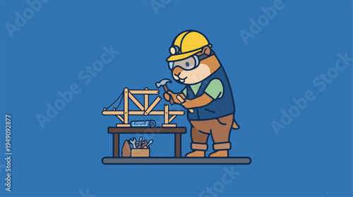 Cartoon beaver building a wooden bridge model with a hammer.