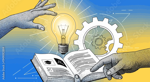 Hands reaching for knowledge and innovation.