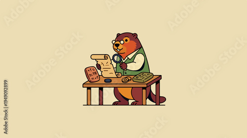 Cartoon beaver detective examining scroll with magnifying glass.