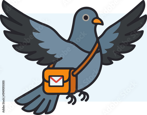 Cartoon pigeon delivering mail, flying with a messenger bag.