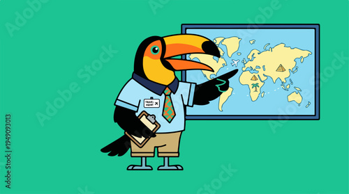 Cartoon toucan teacher pointing at world map in classroom.