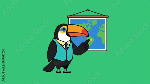 Cartoon Toucan Teacher Explaining World Map in Classroom.