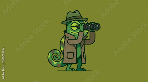 Chameleon detective with binoculars in a trench coat and hat.