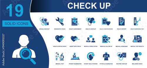 Check up icon set. Containing annual checkup, health assessment, screening test, medical consultation, follow up, patient examination, wellness check and more. Solid fill vector icons