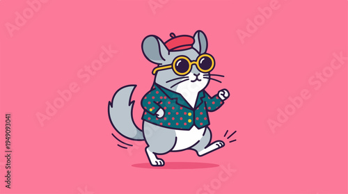 Charming Chinchilla Character with Beret and Glasses Walking.
