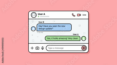 Chat application interface with conversation bubbles on a pink background.