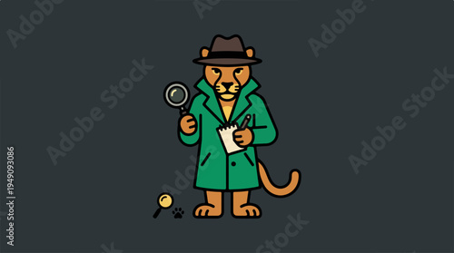 Cheetah Detective with Magnifying Glass and Notebook.