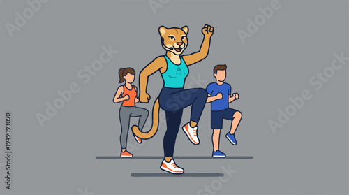 Cheetah mascot leading a dynamic fitness class with two human participants.