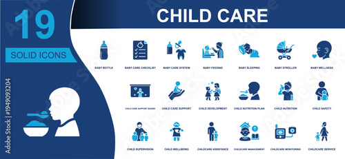 Child care icon set. Containing baby bottle, feeding, sleeping, stroller, child development, child nutrition, childcare safety, supervision, monitoring and more. Solid fill vector icons