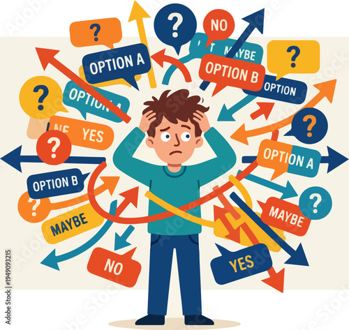 Confused man surrounded by arrows and options, making a difficult decision.