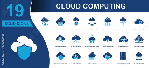 Cloud computing icon set. Containing cloud dashboard, database, deployment, infrastructure, integration, security, server, storage, network, monitoring and more. Solid vector icons