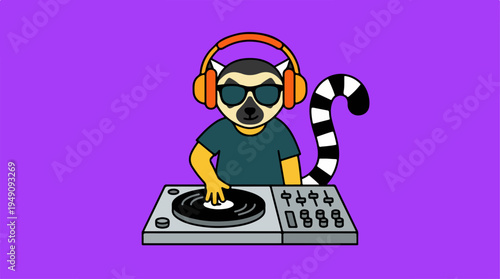 Cool lemur DJ with headphones mixing music on a turntable.
