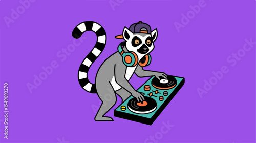Cool lemur DJ with headphones and baseball cap spinning records on a turntable, vibrant purple background, cartoon style.