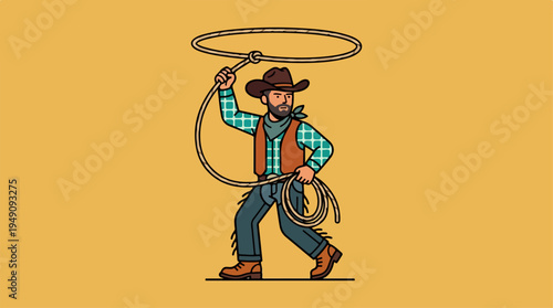 Cowboy with lasso in action, ready to rope, Western theme.