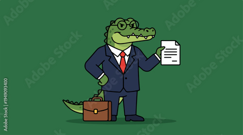 Crocodile in a business suit holding a document, representing legal or financial services.