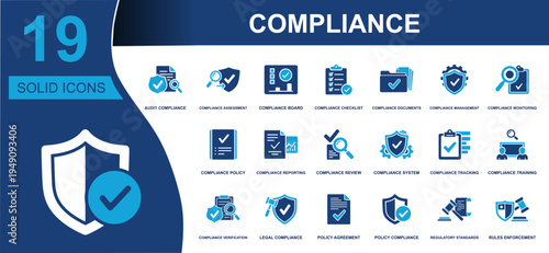 Compliance icon set. Containing audit compliance, assessment, checklist, documents, monitoring, policy, reporting, review, legal compliance, standards and more. Solid fill vector icons