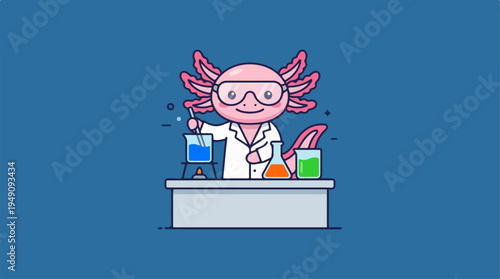 Cute Axolotl Scientist Character Working in a Laboratory.