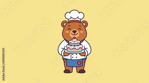 Cute Bear Chef Holding a Delicious Cake.