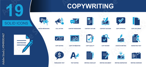 Copywriting icon set. Containing brand messaging, content outline, creative writing, copy review, text editing, marketing text, persuasion and more. Solid fill vector icons collection