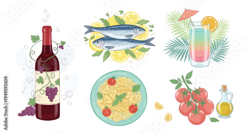 Food and drink still life composition.