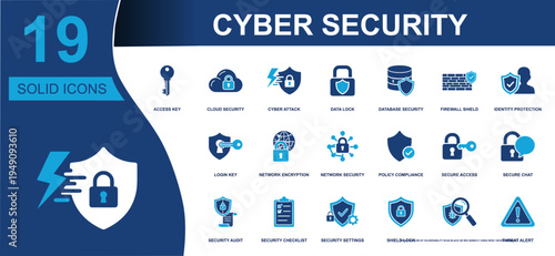 Cyber security icon set. Containing access key, cloud security, firewall shield, identity protection, secure access, network encryption, threat alert and more. Solid fill vector icons