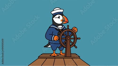 Cute cartoon puffin sailor steering a ships wheel on a wooden deck with a blue background.
