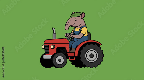 Cute Cartoon Tapir Driving a Red Tractor on a Green Background.