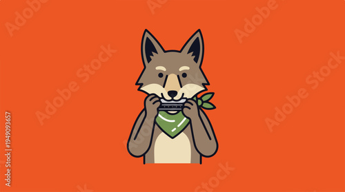 Cute cartoon wolf playing harmonica with green bandana.