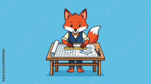 Cute Fox Architect Drawing Blueprints on a Drafting Table.