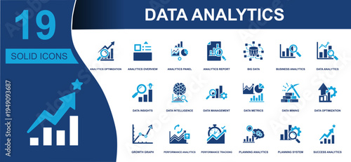 Data analytics icon set. Containing optimization, overview, report, big data, insights, metrics, mining, tracking, planning, growth, intelligence and more. Solid fill vector icons