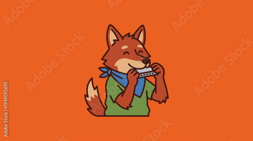 Cute fox character playing harmonica with joy.