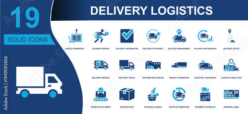 Delivery logistics icon set. Containing cargo transport, courier service, delivery truck, freight, route planning, shipment schedule, package, shipping label and more. Solid vector icons