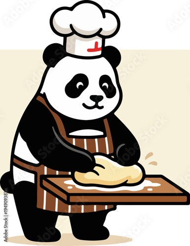 Cute panda chef kneading dough on a wooden board.