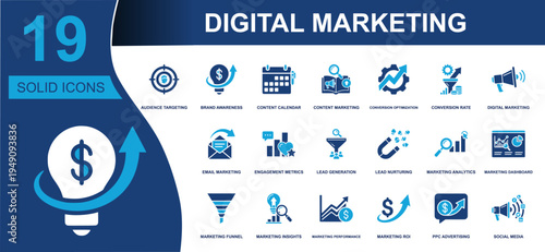 Digital marketing icon set. Containing audience targeting, brand awareness, content marketing, lead generation, analytics, ROI, PPC advertising, social media and more. Solid vector icons.