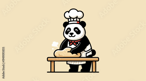Cute panda chef kneading dough on a wooden table.