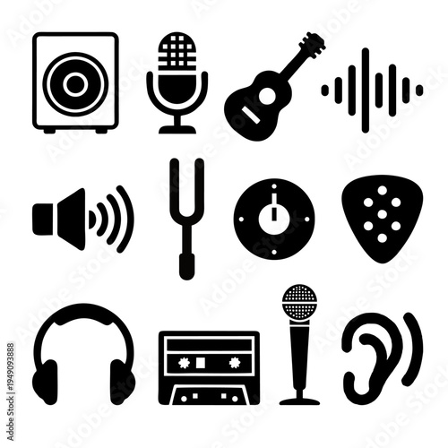 Music and Audio Icon Set – Speaker, Microphone, Guitar, Headphones, Cassette and Sound Wave Symbols