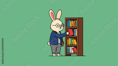 Cute Rabbit Wearing Glasses Selecting Book from Bookshelf.